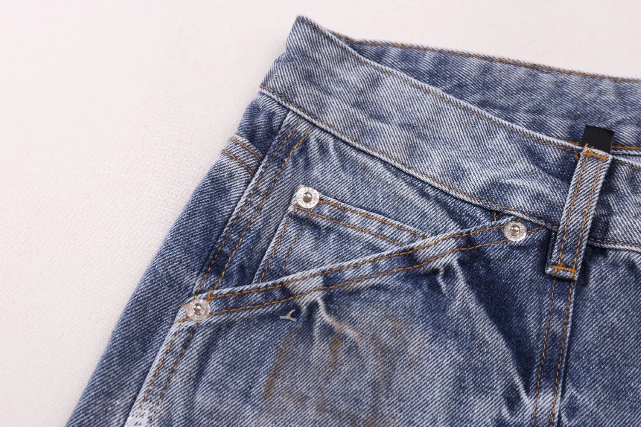 651#Gallery Dept New Retro Old Splashed Paint Holes Dirty Feng Shui Washed Mud Dyeing Logging Workwear Jeans American High Street Casual Workwear Trousers Washed Blue S～XL p290
